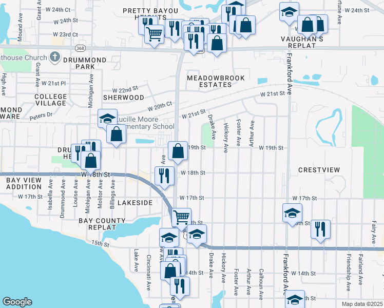 map of restaurants, bars, coffee shops, grocery stores, and more near 1805 Wilmont Ave in Panama City