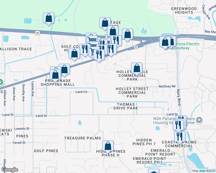 map of restaurants, bars, coffee shops, grocery stores, and more near 158 Laird Circle in Panama City Beach