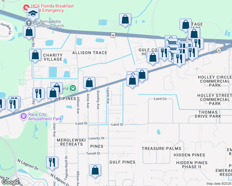 map of restaurants, bars, coffee shops, grocery stores, and more near 2203 Walosi Way in Panama City