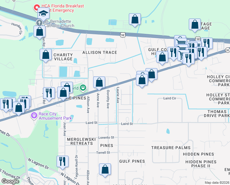 map of restaurants, bars, coffee shops, grocery stores, and more near 2020 Dorothy Avenue in Panama City Beach