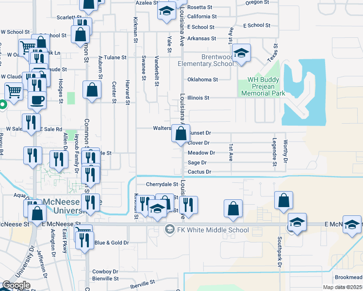 map of restaurants, bars, coffee shops, grocery stores, and more near 4203 Louisiana Avenue in Lake Charles