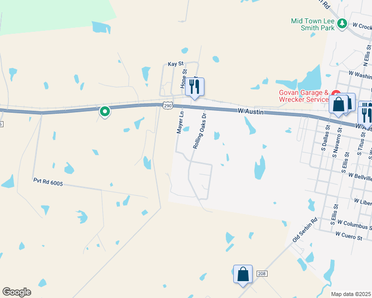 map of restaurants, bars, coffee shops, grocery stores, and more near 7 Oakbend Lane in Giddings