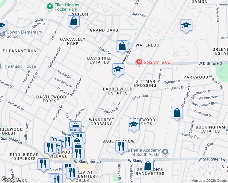 map of restaurants, bars, coffee shops, grocery stores, and more near 9003 Jodie Lane in Austin