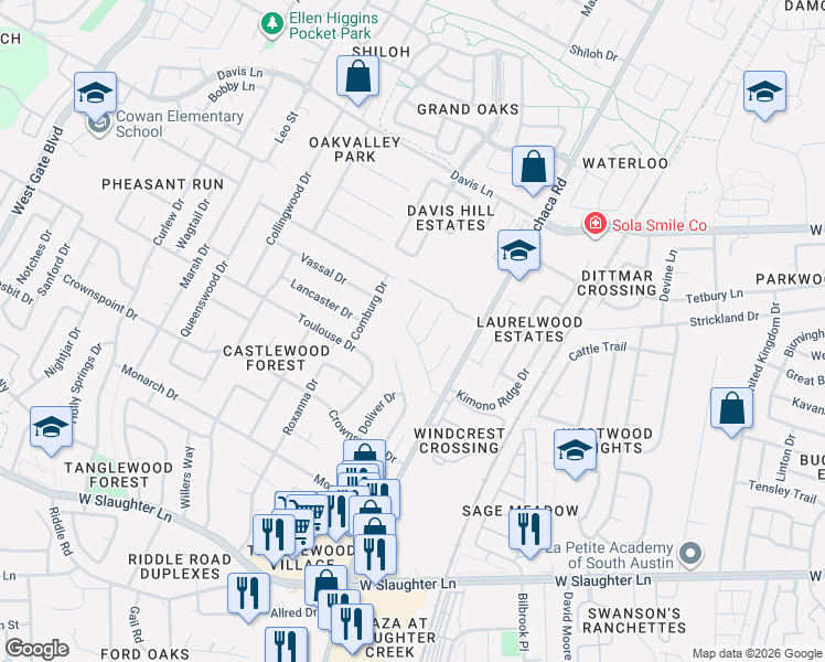 map of restaurants, bars, coffee shops, grocery stores, and more near 9109 Sedgemoor Trail in Austin