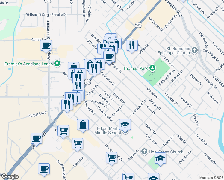 map of restaurants, bars, coffee shops, grocery stores, and more near 223 Harrell Drive in Lafayette