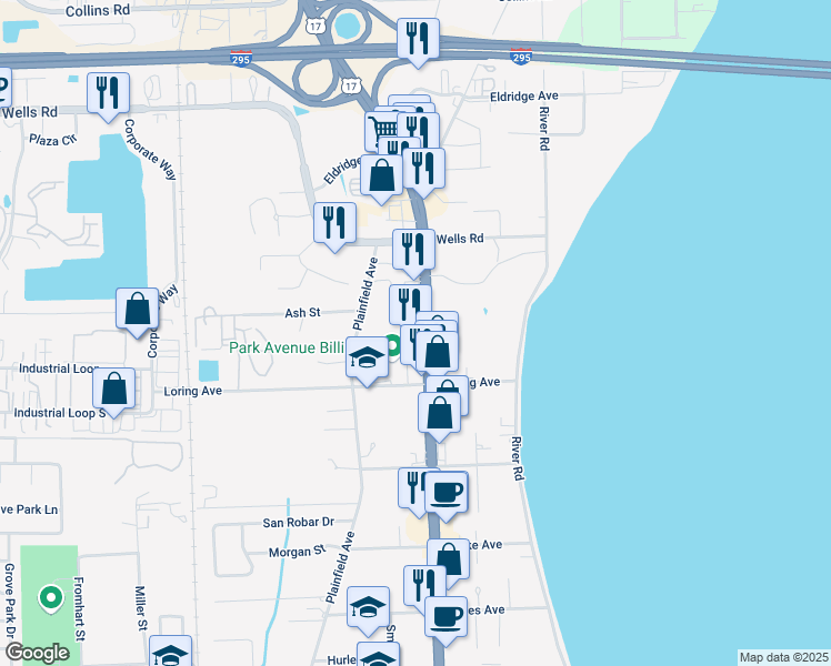 map of restaurants, bars, coffee shops, grocery stores, and more near 644 Park Avenue in Orange Park