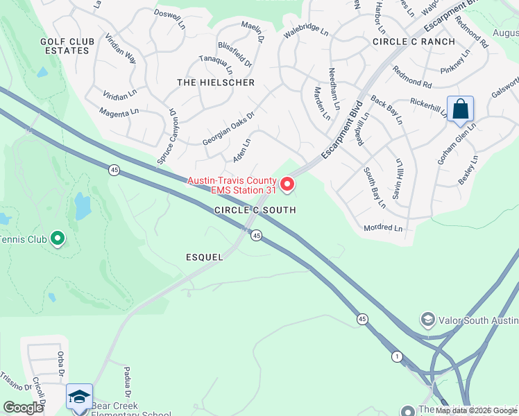 map of restaurants, bars, coffee shops, grocery stores, and more near Escarpment Boulevard in Austin