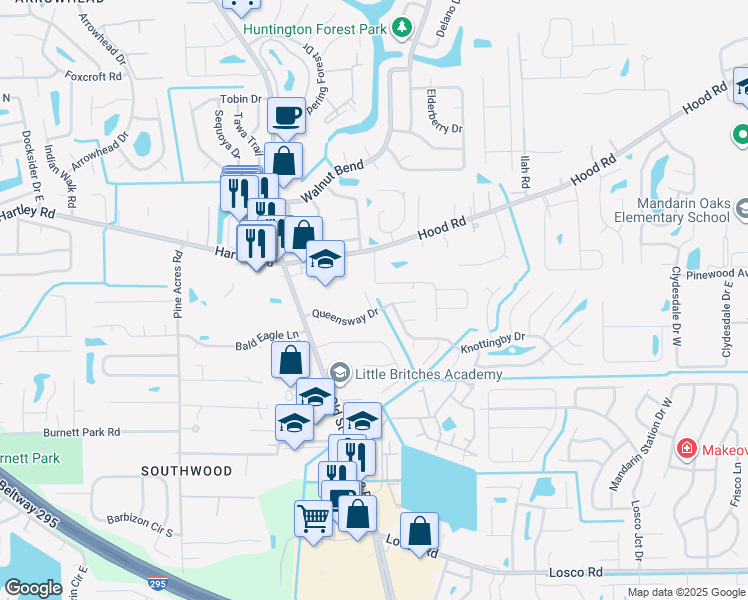 map of restaurants, bars, coffee shops, grocery stores, and more near 10659 Berghley Court North in Jacksonville