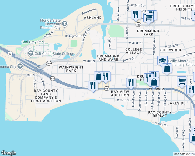 map of restaurants, bars, coffee shops, grocery stores, and more near 4431 West 19th Street in Panama City