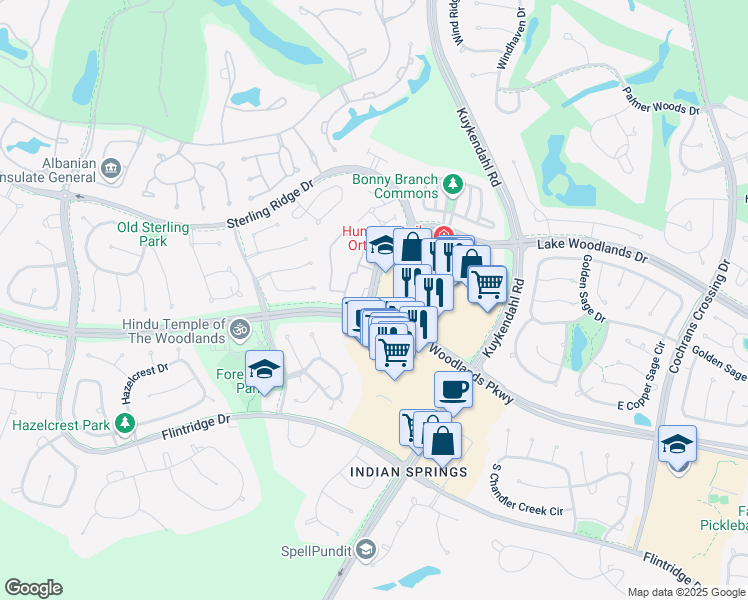 map of restaurants, bars, coffee shops, grocery stores, and more near 6895 Lake Woodlands Drive in Spring