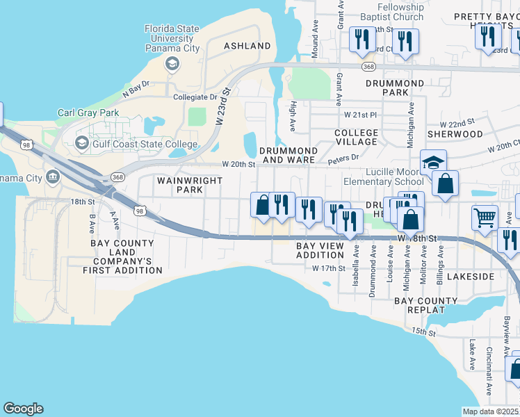 map of restaurants, bars, coffee shops, grocery stores, and more near 4431 West 19th Street in Panama City