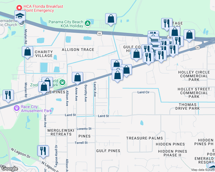 map of restaurants, bars, coffee shops, grocery stores, and more near 2103 Avensong Lane in Panama City