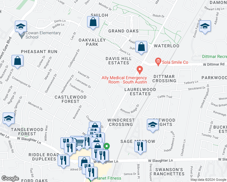 map of restaurants, bars, coffee shops, grocery stores, and more near 9005 Sedgemoor Trail in Austin