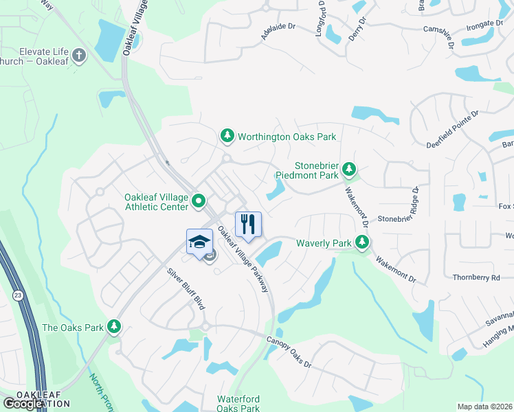 map of restaurants, bars, coffee shops, grocery stores, and more near 3315 Highland Mill Lane in Orange Park