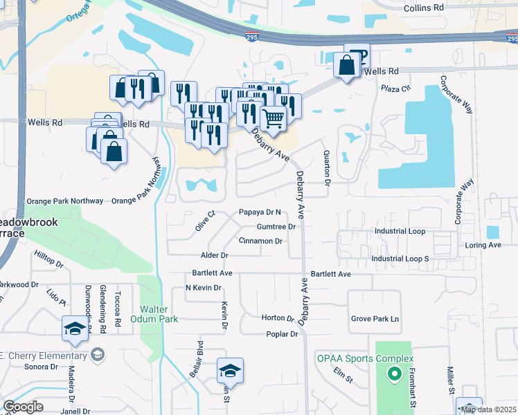 map of restaurants, bars, coffee shops, grocery stores, and more near 1742 Papaya Drive North in Orange Park