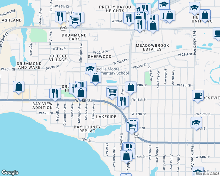 map of restaurants, bars, coffee shops, grocery stores, and more near 1844 Lake Avenue in Panama City