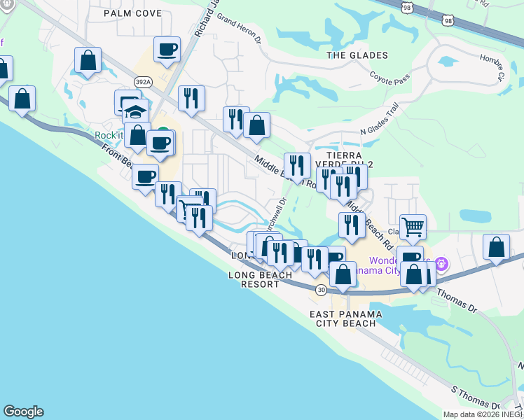 map of restaurants, bars, coffee shops, grocery stores, and more near 108 Tonya Lane in Panama City Beach