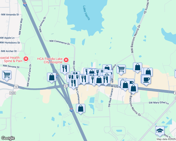 map of restaurants, bars, coffee shops, grocery stores, and more near Northwest Brookside Court in Lake City