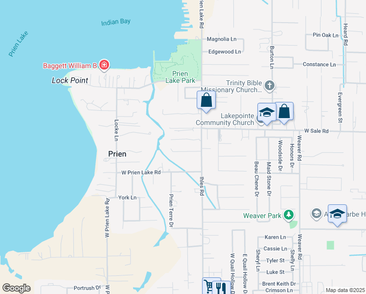 map of restaurants, bars, coffee shops, grocery stores, and more near 4104 W Prien Lake Rd in Lake Charles