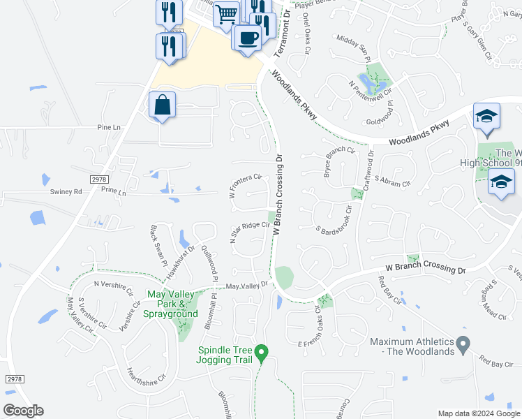 map of restaurants, bars, coffee shops, grocery stores, and more near 11 Frontera Circle in Spring