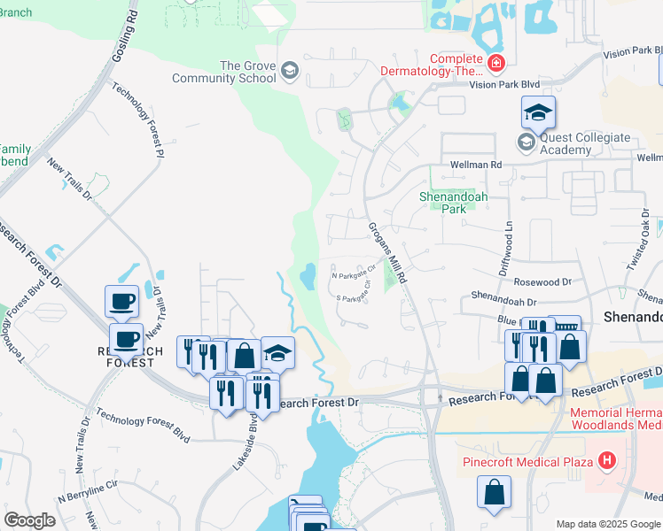 map of restaurants, bars, coffee shops, grocery stores, and more near 2 Broadwater Court in Spring