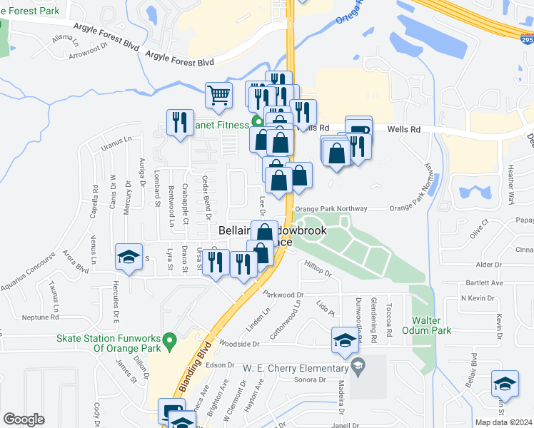 map of restaurants, bars, coffee shops, grocery stores, and more near 250 Lee Drive in Orange Park