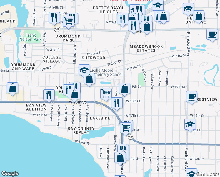 map of restaurants, bars, coffee shops, grocery stores, and more near 1851 Cincinnati Avenue in Panama City