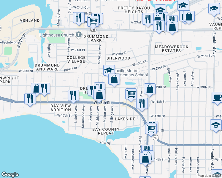 map of restaurants, bars, coffee shops, grocery stores, and more near 3515 West 19th Street in Panama City