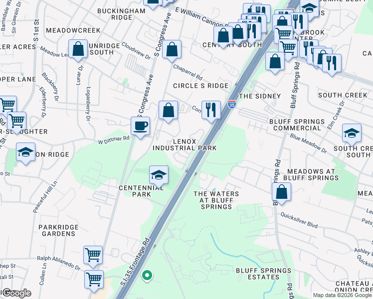 map of restaurants, bars, coffee shops, grocery stores, and more near 7340 South Interstate 35 Frontage Road in Austin