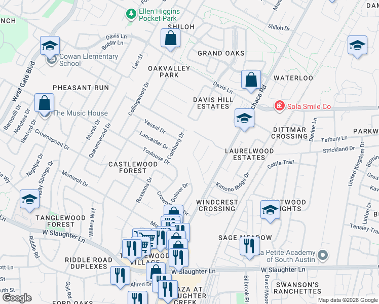 map of restaurants, bars, coffee shops, grocery stores, and more near 9007 Comburg Drive in Austin