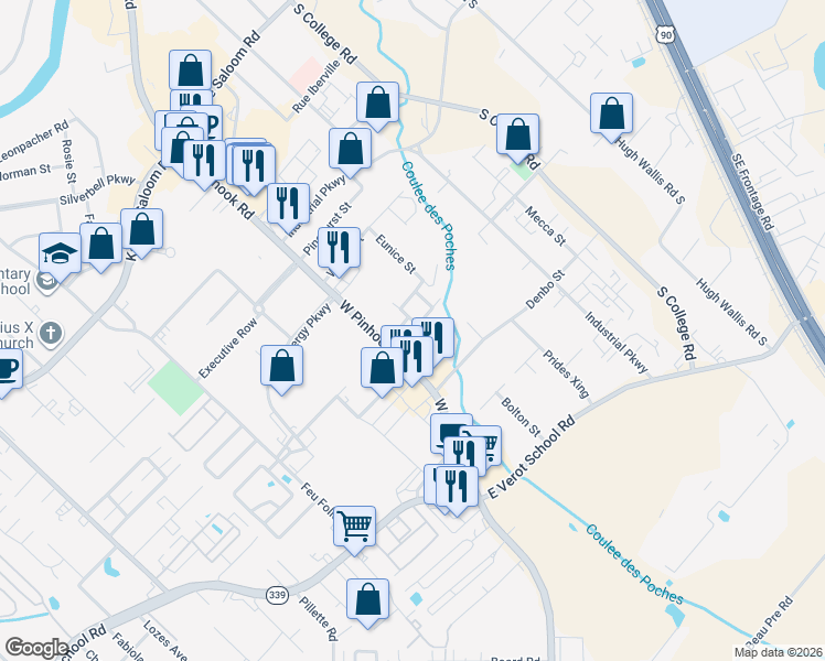 map of restaurants, bars, coffee shops, grocery stores, and more near 204 Jane Drive in Lafayette