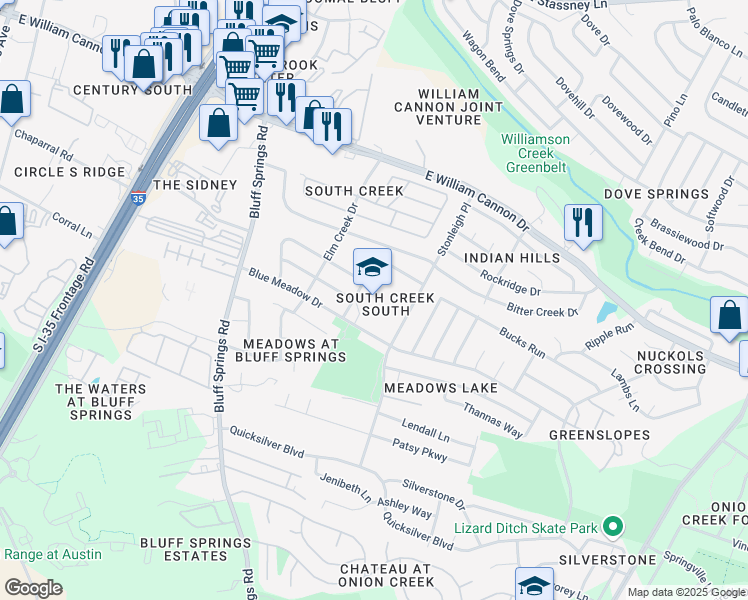 map of restaurants, bars, coffee shops, grocery stores, and more near 2206 Blue Meadow Drive in Austin