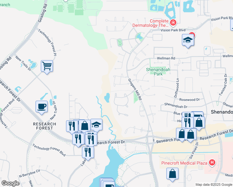 map of restaurants, bars, coffee shops, grocery stores, and more near 7 Broadwater Court in Spring