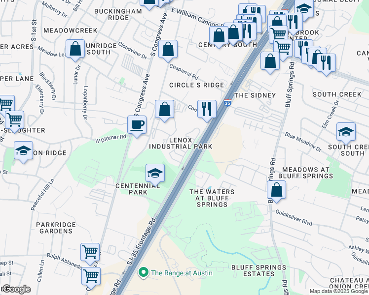 map of restaurants, bars, coffee shops, grocery stores, and more near 7500 South Interstate 35 Frontage Road in Austin