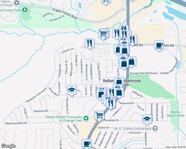 map of restaurants, bars, coffee shops, grocery stores, and more near 465 Crabapple Court in Orange Park