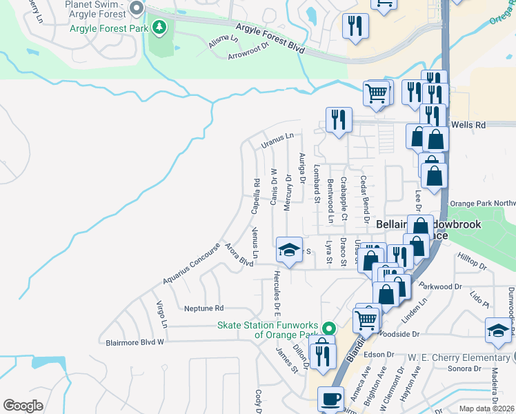 map of restaurants, bars, coffee shops, grocery stores, and more near 265 Capella Road in Orange Park