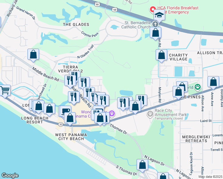 map of restaurants, bars, coffee shops, grocery stores, and more near 10320 Clarence Street in Panama City Beach