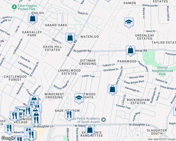 map of restaurants, bars, coffee shops, grocery stores, and more near 8720 Davis Oaks Trail in Austin