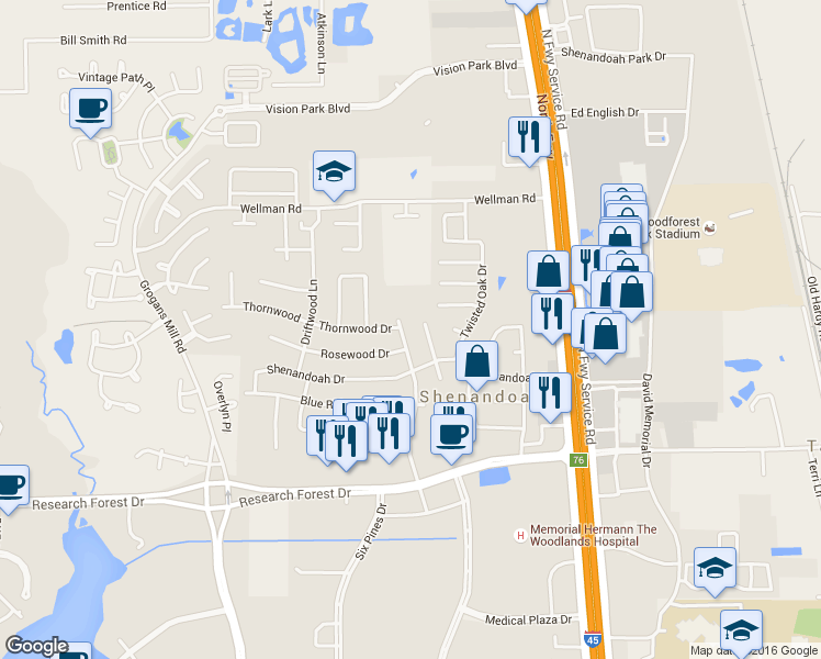 map of restaurants, bars, coffee shops, grocery stores, and more near 631 Blue Ridge Drive in Spring