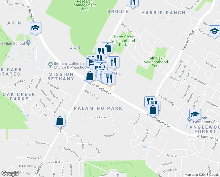 map of restaurants, bars, coffee shops, grocery stores, and more near 3324 West Slaughter Lane in Austin
