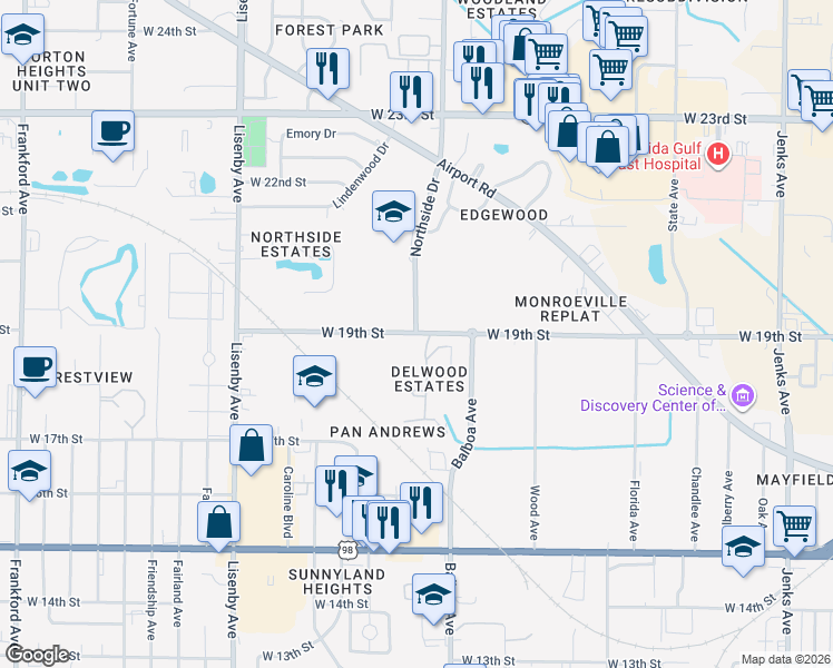 map of restaurants, bars, coffee shops, grocery stores, and more near 59 Northside Drive in Panama City