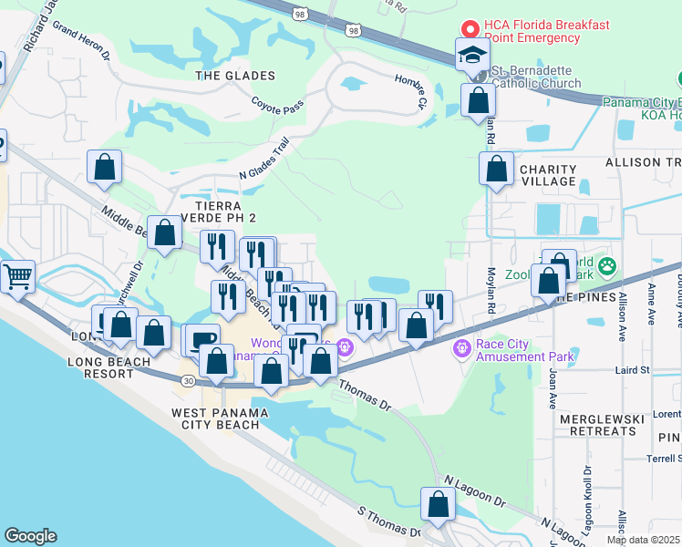map of restaurants, bars, coffee shops, grocery stores, and more near 10200 Clarence St in Panama City Beach