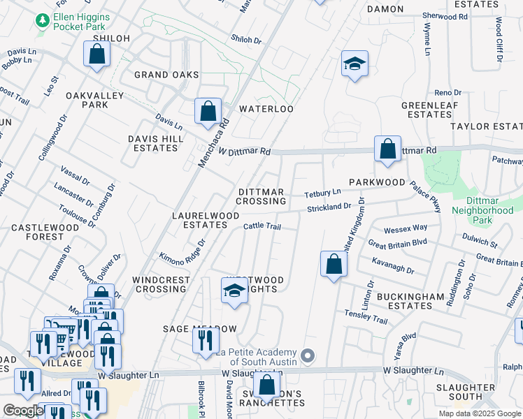 map of restaurants, bars, coffee shops, grocery stores, and more near 8720 Davis Oaks Trail in Austin