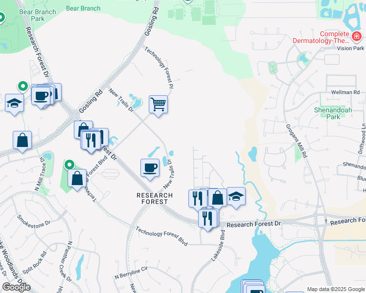 map of restaurants, bars, coffee shops, grocery stores, and more near 8770 New Trails Drive in The Woodlands