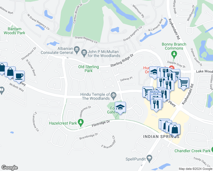 map of restaurants, bars, coffee shops, grocery stores, and more near 59 South Chantsong Circle in Spring