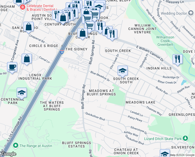 map of restaurants, bars, coffee shops, grocery stores, and more near 2002 Nogales Trail in Austin