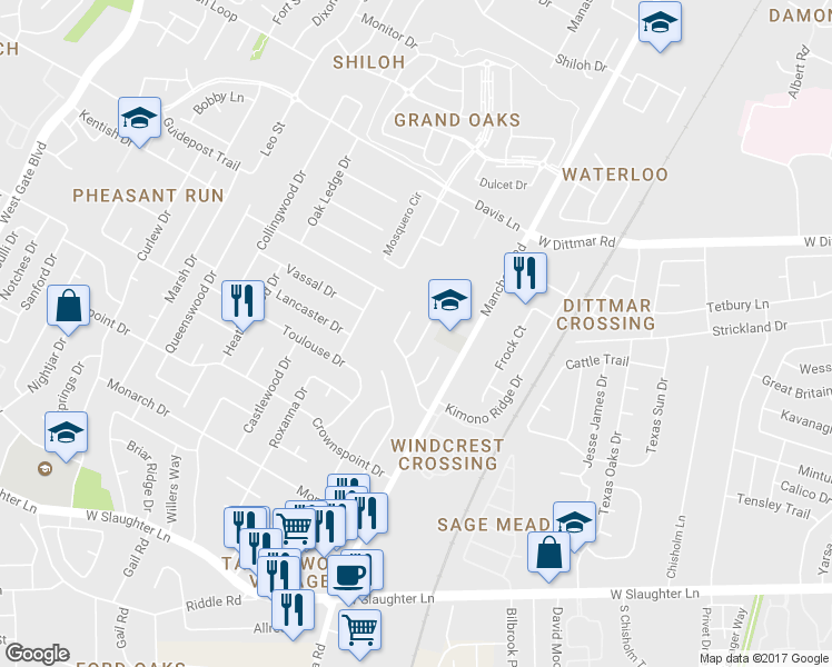 map of restaurants, bars, coffee shops, grocery stores, and more near 9008 Sanger Drive in Austin