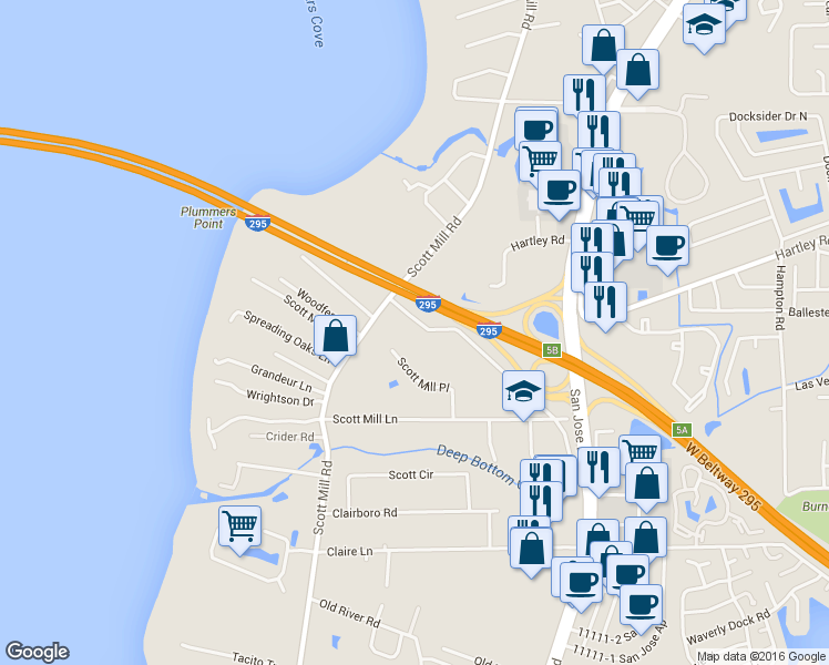 map of restaurants, bars, coffee shops, grocery stores, and more near 2842 Plummer Cove Road in Jacksonville