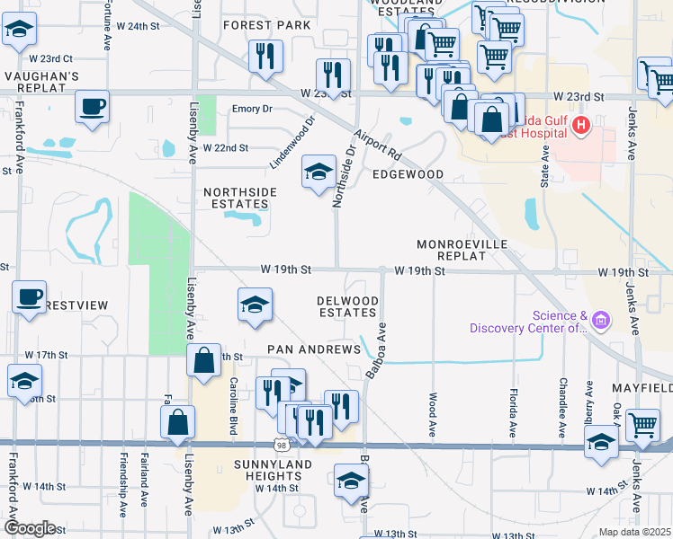 map of restaurants, bars, coffee shops, grocery stores, and more near 1025 West 19th Street in Panama City