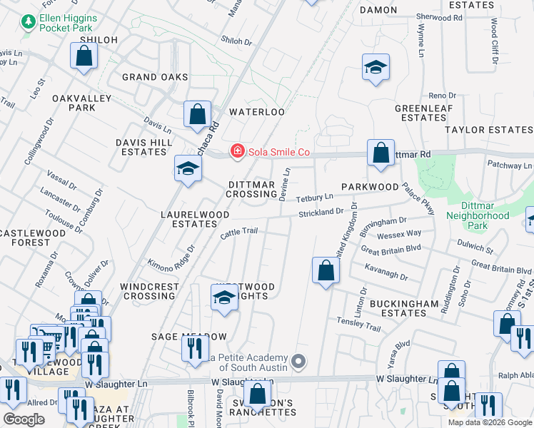 map of restaurants, bars, coffee shops, grocery stores, and more near 8702 Devine Lane in Austin